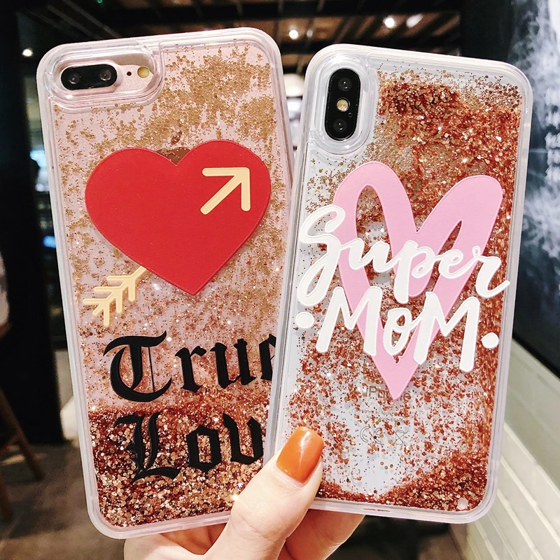 Coque for iPhone 7 7Plus Case Cover Love Liquid Gold Quicksands Phone Funda on X 10 6 8 Plus Capa Women |