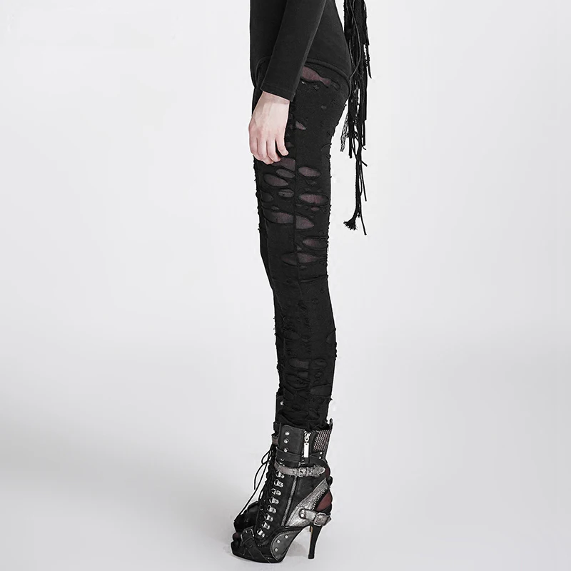 Gothic Women Broken Mesh Leggings Steam Punk Black And Red Women's Holes Ripped Leggings
