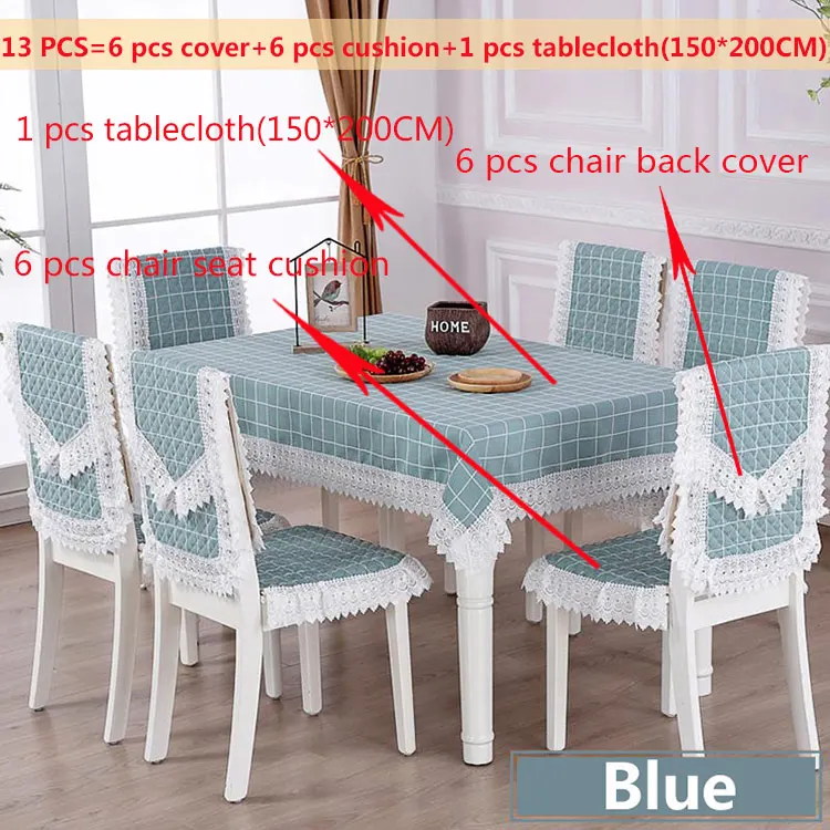 Blue13pcs150x200cm Клетчатая прямоугольная скатерть в стиле кантри, пасторальная кружевная ткань, художественная столовая скатерть, Набор стульев, наволочки, домашний декор - Цвет: Blue13pcs150x200cm