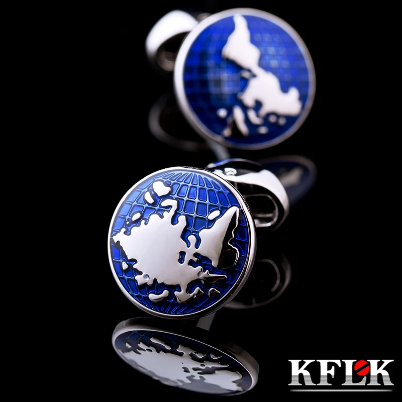 

KFLK jewelry world map cufflinks for men's shirts blue button high quality brand luxury cuff links wedding guests
