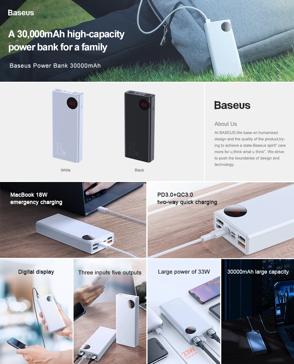 Baseus 30000 мАч портативное зарядное устройство для мобильного телефона, зарядное устройство для iPhone XR Xiaomi Mi с 4USB type C PD QC3.0 светодиодный зарядное устройство