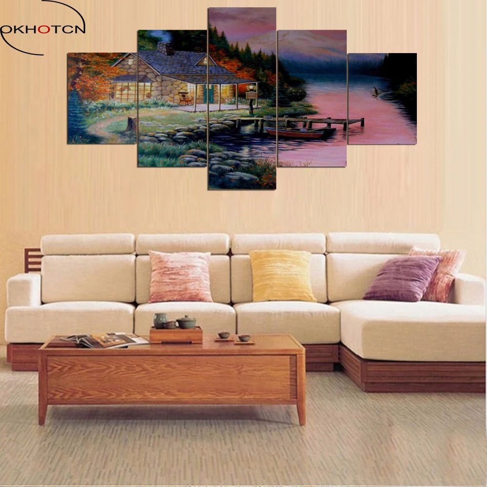 OKHOTCN Modern Home Decorative Poster Canvas Painting HD Print 5 Panel House Landscape Wall Art River Picture Modular Decor | Дом и сад