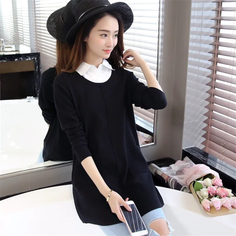 2019 Autumn New Loose Women Pullover Sweater Long Section Fake Two Shirt Collar Knitwear Jacket A1818 | Женская одежда