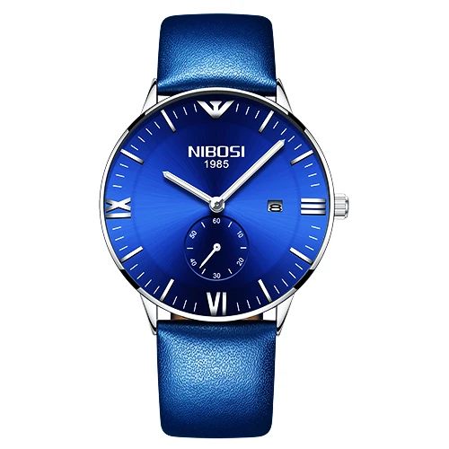 Silver Blue Leather NIBOSI, синие часы, мужские часы, Роскошные, Лидирующий бренд, мужские часы, мужские часы, темно-синие, военные, армейские, аналоговые, кварцевые, наручные часы - Цвет: Silver Blue Leather