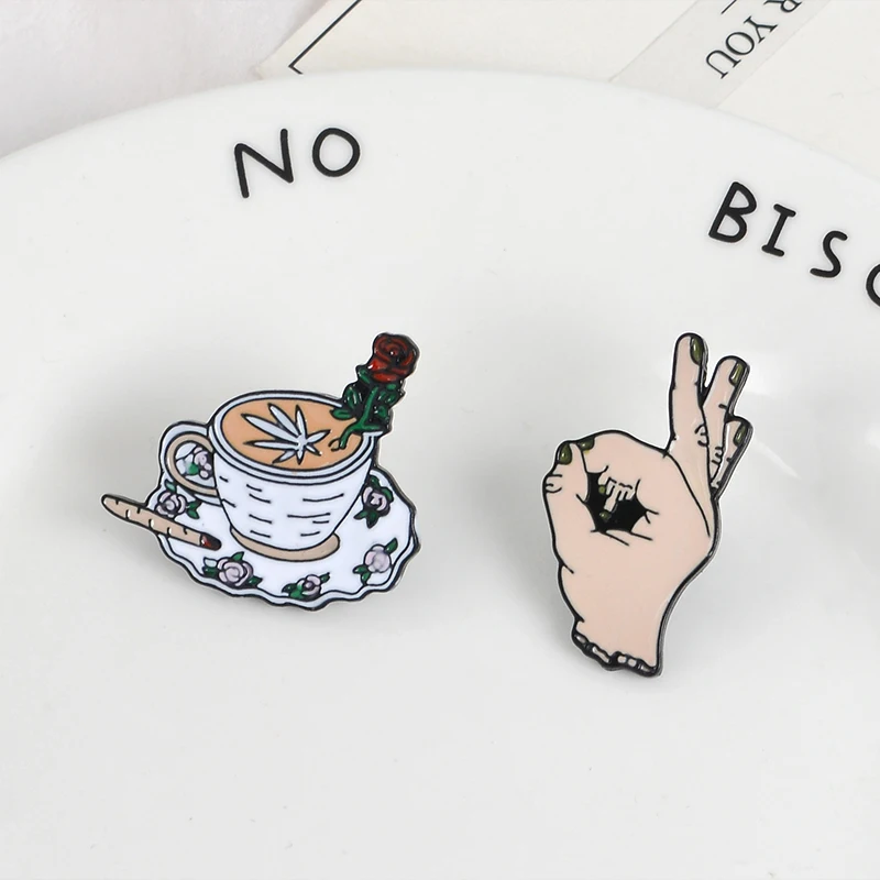 

OK ! Horror Middle Finger Rose Coffee brooches Bag Clothes Enamel Lapel Pin Button Badge Cool Jewelry Gift for friends