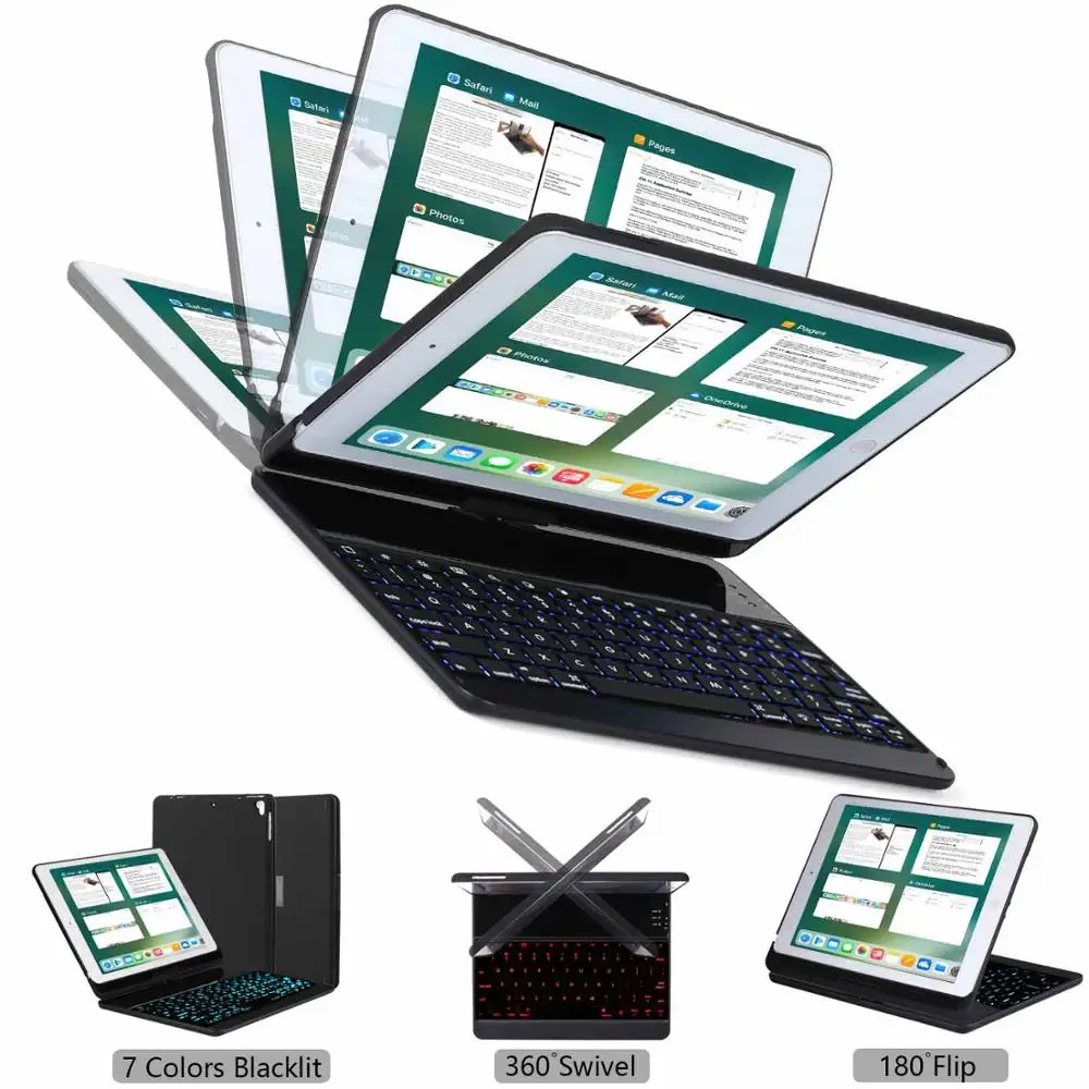 Black Чехол-клавиатура для ipad 9,7, подходит для ipad Air 1 и 2, 5th и 6th Gen ipad, ipad Pro 9,7, вращающийся Bluetooth беспроводной смарт-чехол - Цвет: Black