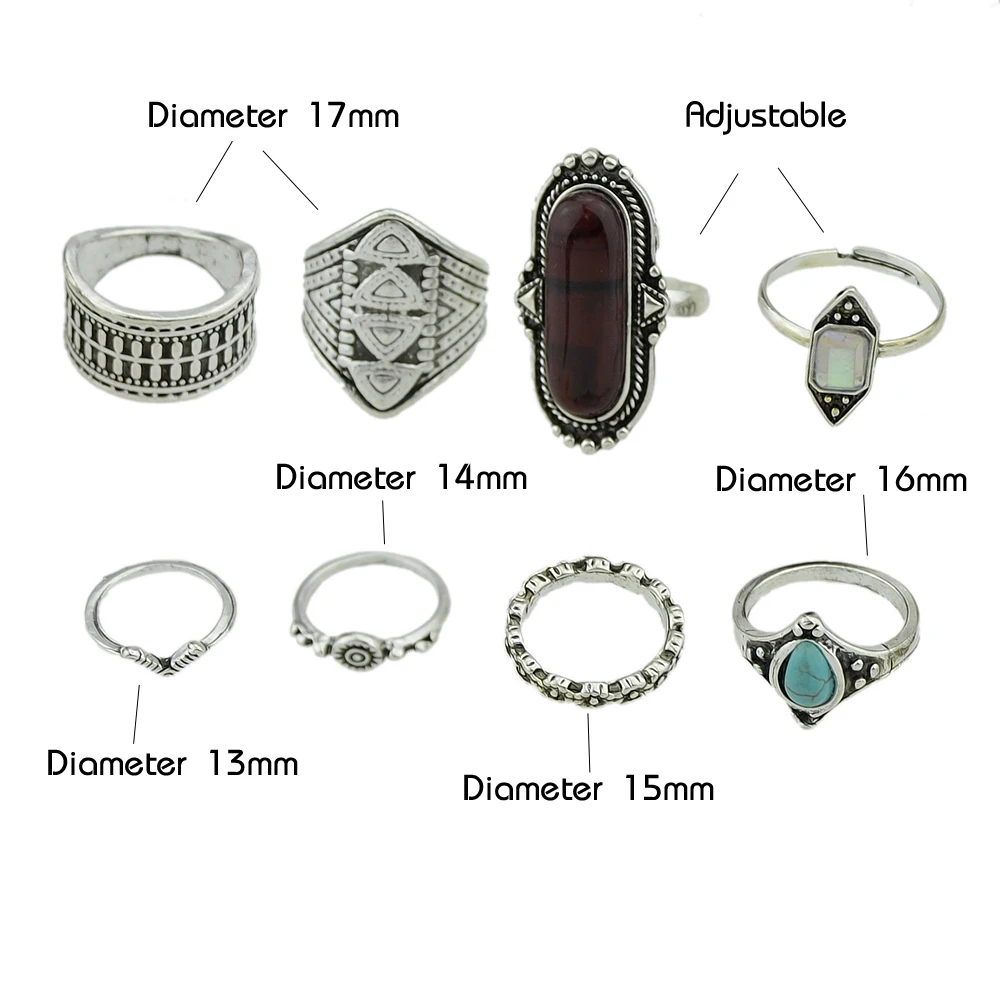 FANHUA 8pcs/set Bohemia Vintage Punk Midi Rings Brown Gold Silver Color Knuckle Ring Blue Stone Set Jewelry Accessories | Украшения и