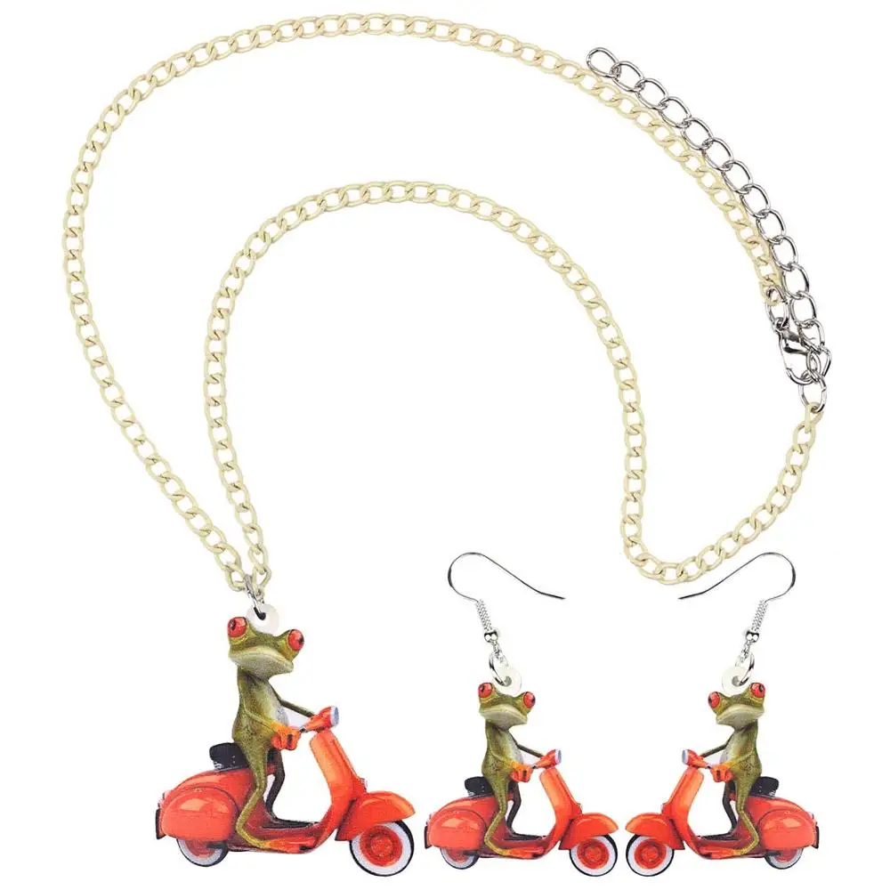 WEVENI Acrylic Jewelry Sets Orange Motorcycle Frog Necklace Earrings Drop Funny Animal Pendant For Women Girls Lovers Gift | Украшения и