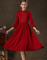 free shipping high quality new arrival retro stand collar high waist puff sleeve woman chiffon long dress red