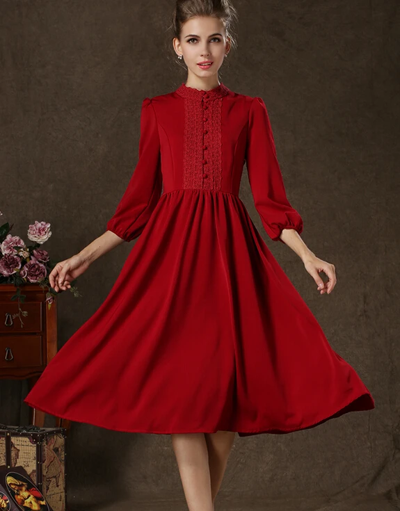 Женское шифоновое платье с высокой талией Красное длинное в стиле ретро
