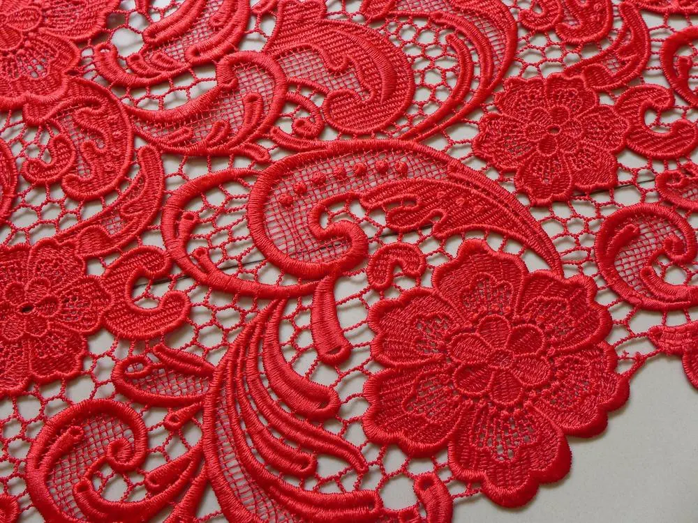 Красное свадебное платье гипюр с розами и Пейсли венецианская кружевная ткань