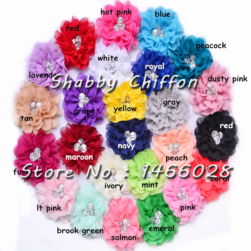 

ePacket 50 pcs / lot , 3.5'' shabby chiffon flowers with rhinestone for hair fashion accessories headband 25 colors hot sale