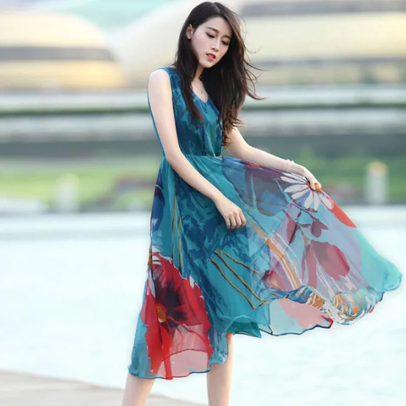 Летнее платье для женщин 2018 повседневное богемное шифоновое пляжное Элегантное