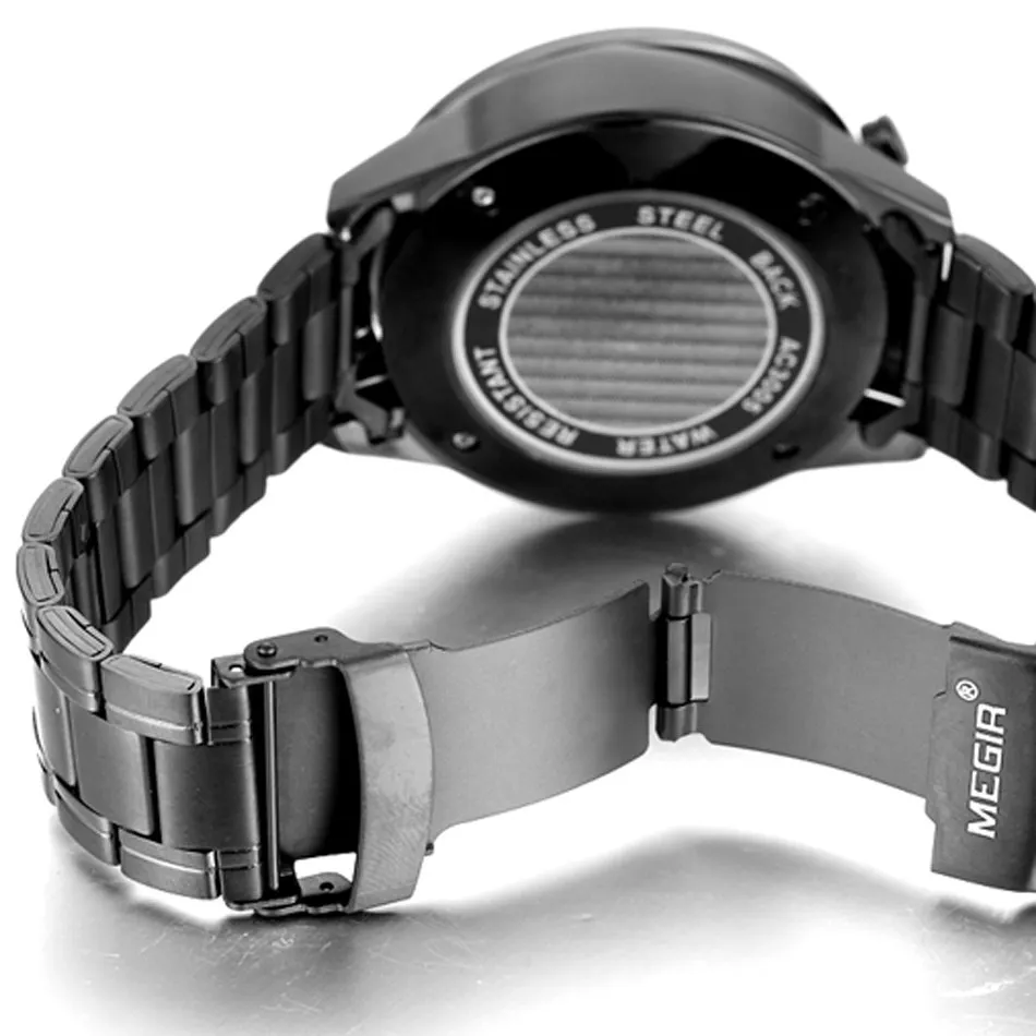 Megir черные часы лучший бренд роскошных мужчин полный стали хронограф 6 руки 24 ч.