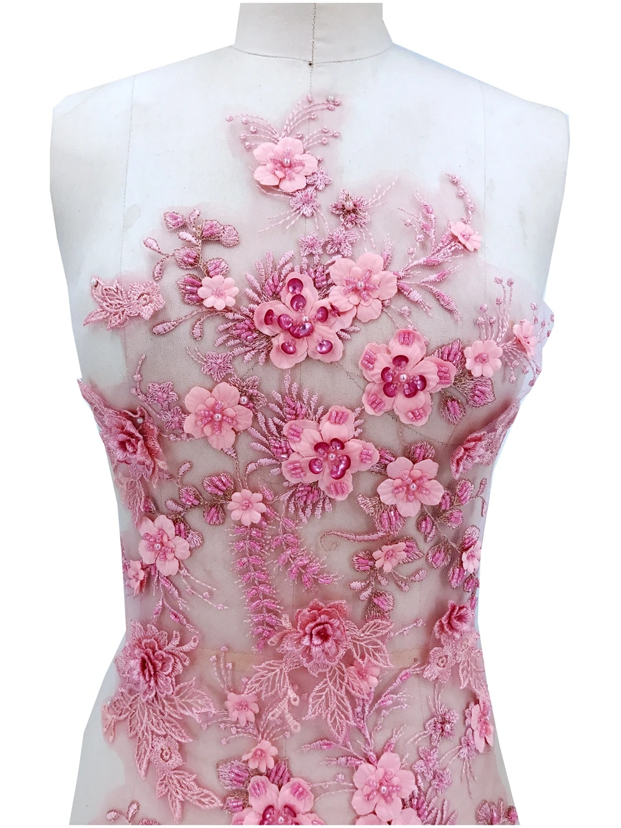 

sew on rhinestones pink Three-dimensional flowers lace applique crystals trim patches 62*32cm for dress DIY accessories