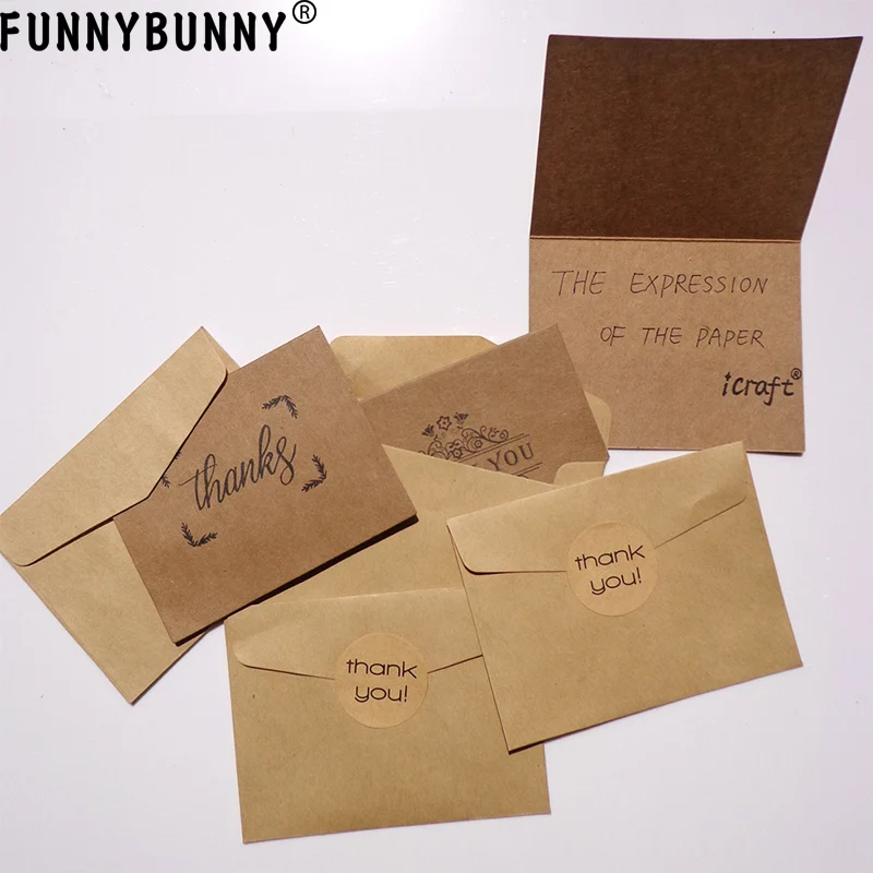 FUNNBUNNY 6Sets Thank You Greeting Card kraft Paper Envelopes Seal Sticker Wedding Party Mini Brown | Дом и сад