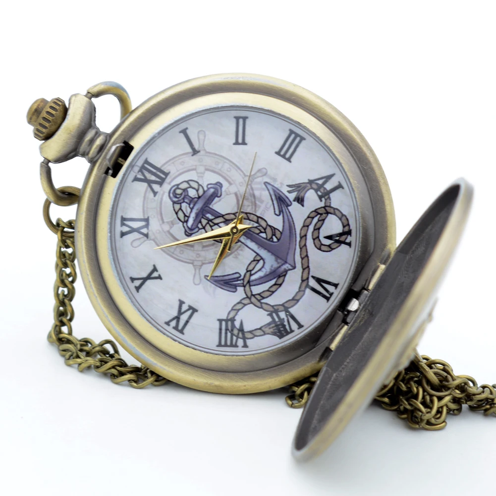 Модные кварцевые карманные часы с бронзовым якорем римскими цифрами циферблатом