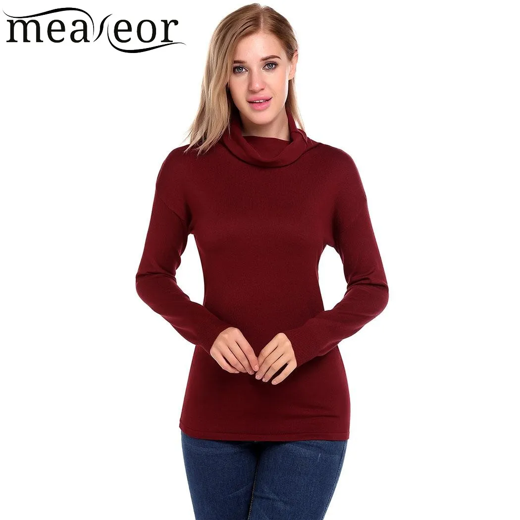 Meaneor New Women Sweaters Cowl Neck Long Sleeve Solid Loose Fashion 2017 Autumn Winter Elegant Slim Christmas Sweater | Женская одежда