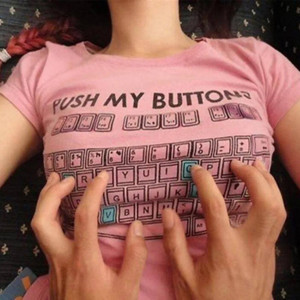 

PUSH MY BUTTONS Funny keyboard printing spring summer bottoming shirts slim body thin college wind short-sleeved women's T-s#G6