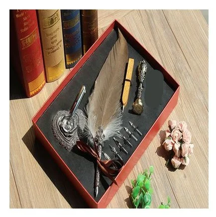 eagle feather Подарочная коробка винтажный металлический изогнутый натуральный набор перьевых ручек с 5 nibs, подставка для ручек, штамп, вощеная ручка для подписи в подарок - Цвет: eagle feather