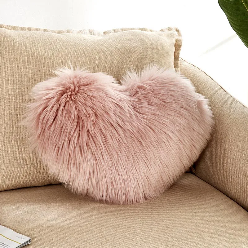 pink В форме сердца, искусственная шерсть, меховая подушка, пушистая мягкая плюшевая подушка, наволочка, наволочка, подушка для дивана, автомобильный декор, моющаяся - Цвет: pink
