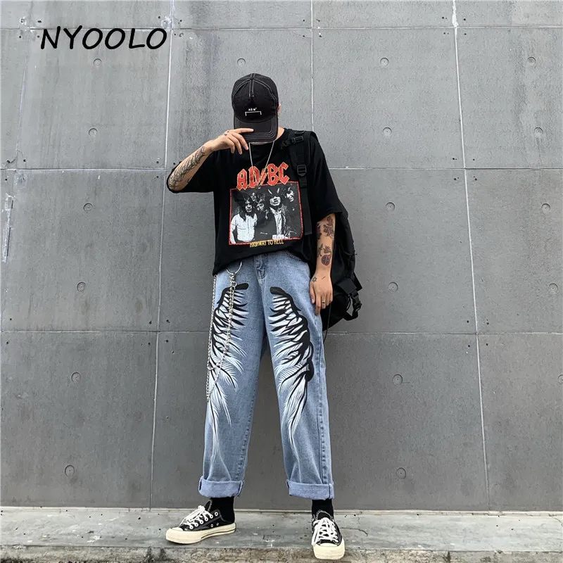 NYOOLO Harajuku стиль потертые крылья печатных джинсовые штаны Винтаж Высокая талия полная длина прямые джинсы для женщин мужчин ковбой уличная одежда