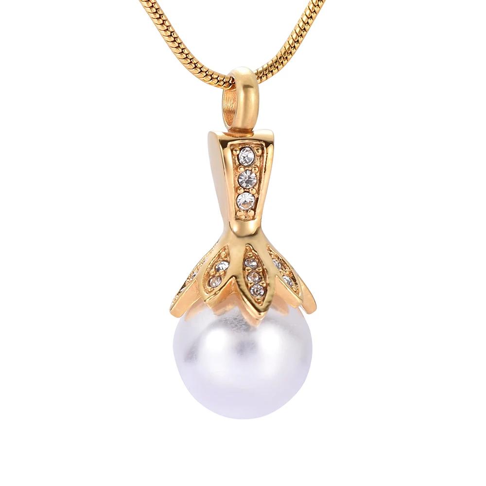 Crystal Flower Hold up a Big Pearl -Stainless Steel Keepsake Jewelry Memorial Urn Cremation Pendant Necklace for Ashes/Women