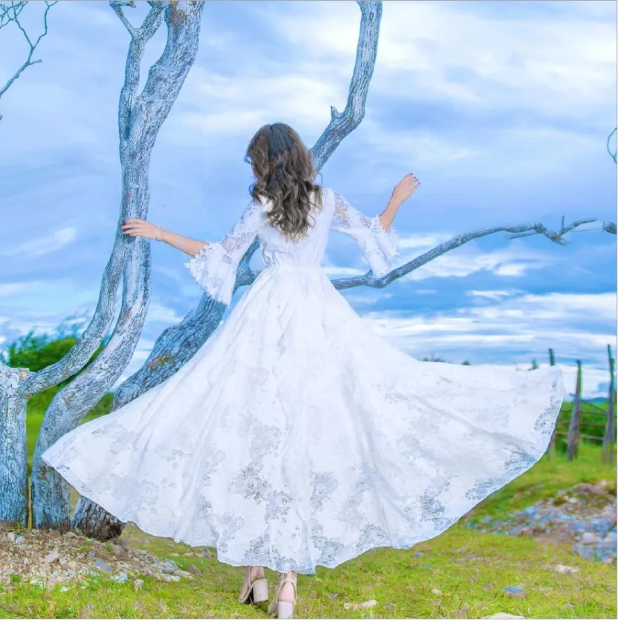 

Vintage Elegant Party Dress Women Autumn Lace White Long Dress Slim Swing Embroidery Dresses