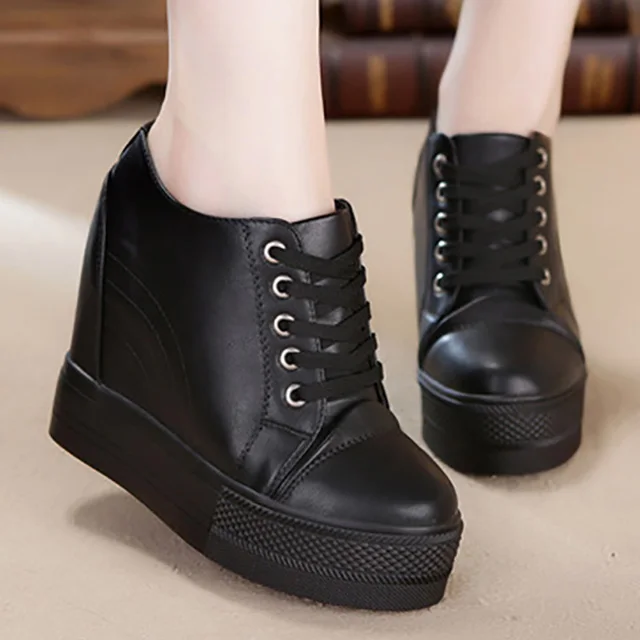 11cm leather black Весенне-летние кроссовки; женская обувь; белые туфли с вырезами и кружевом; Повседневная парусиновая обувь; обувь на скрытой платформе; tenis feminino - Цвет: 11cm leather black