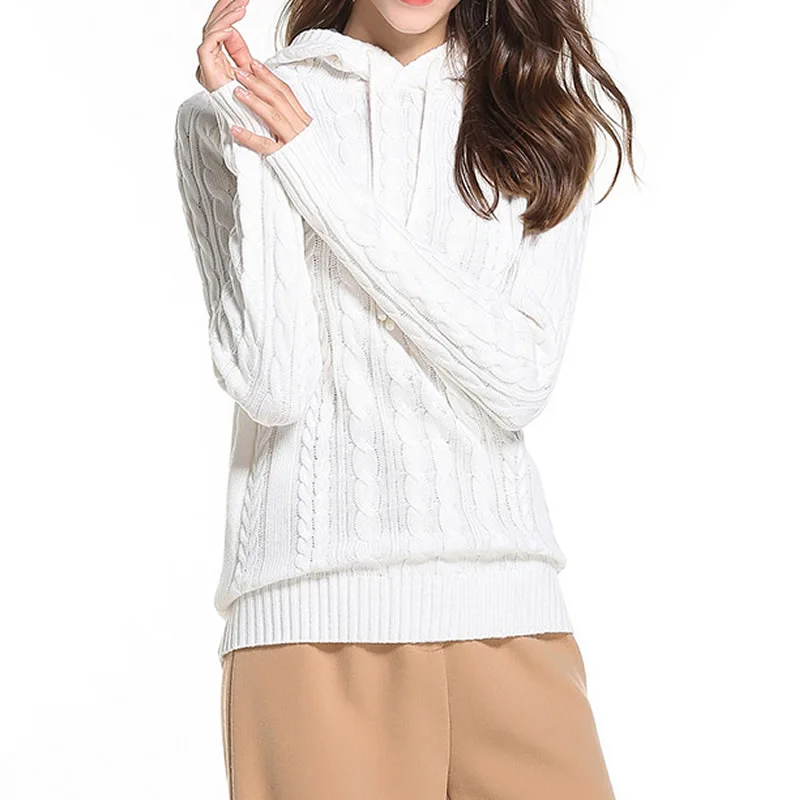 2018 Winter Autumn Woman Red Knitted Hooded Sweaters Pullovers Long Sleeve Thermal Solid White Black Pull Femme Hiver | Женская одежда