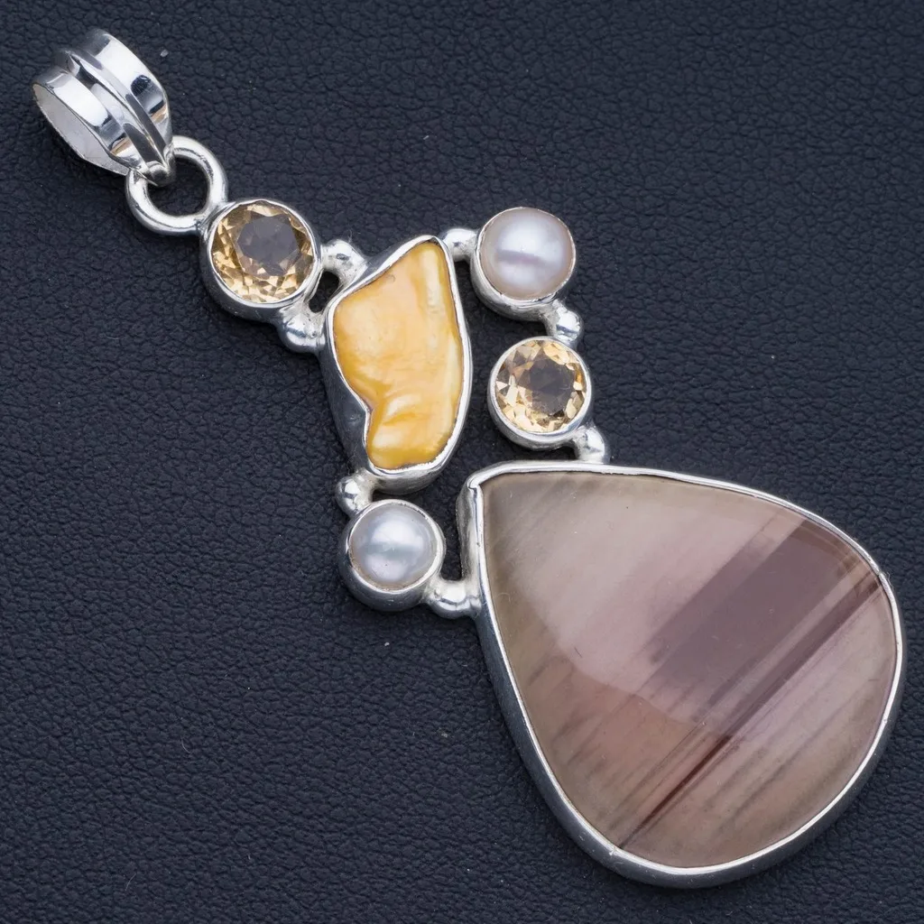 

Imperial Jasper,Biwa Pearl,Citrine,River Pearl and Biwa Pearl 925 Sterling Silver Pendant 2 1/2" P0951