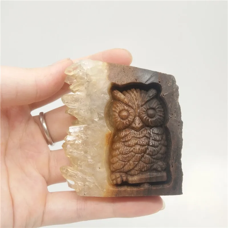 Hot Sale Clear Quartz Cluster Owls Natural Stone Carved Owl For Gift Crystal clusters carve owls | Дом и сад