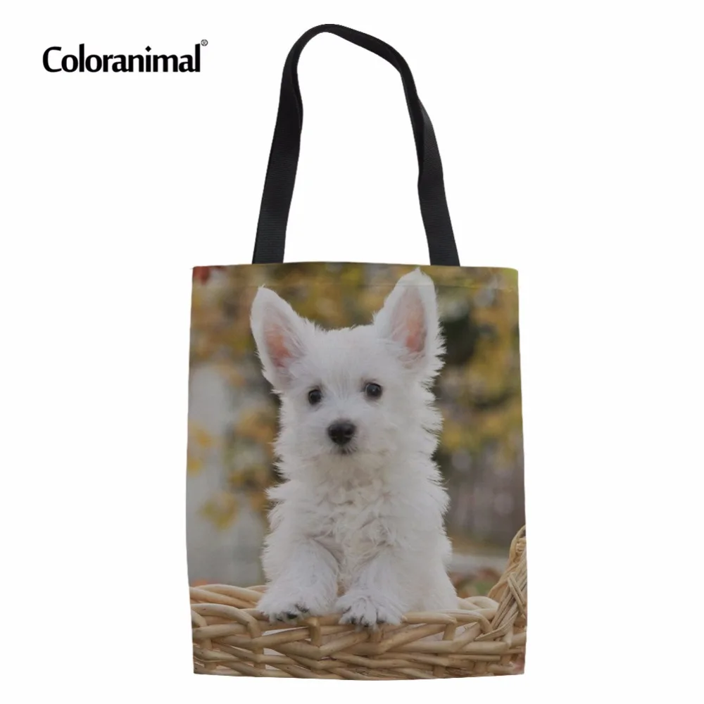 

Coloranimal Reusable Eco-friendly Grocery Canvas Handbag Women Youth Girl Cute Westie Floral Print Casual Shopping Bag