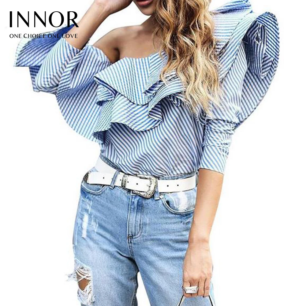 2017 Осенняя Повседневная синяя полосатая рубашка с длинным рукавом крутая блузка