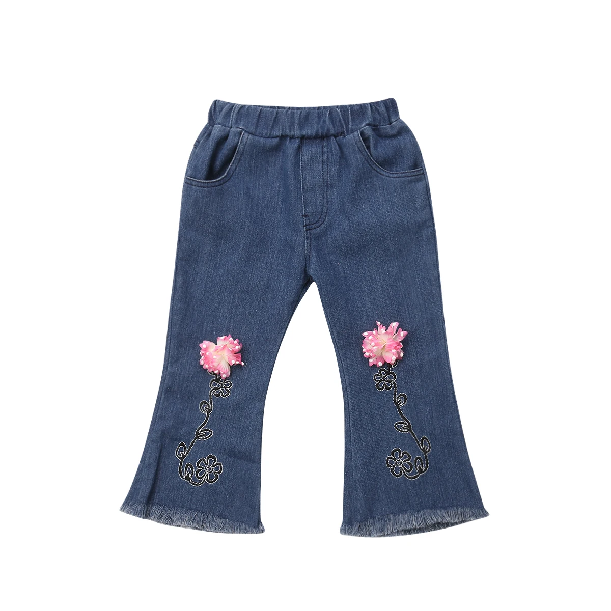 US 2-7Y Kids Baby Girls Flower Elastic Waist Bule Denim Jeans Tassels Long Pants | Детская одежда и обувь