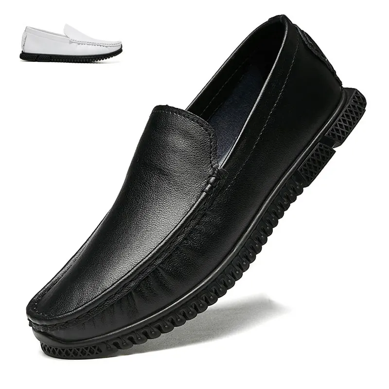 2019 New Spring Handmade Genuine Leather Shoes Casual Men Shoes For Soft Slip On for Man Flats Moccasin white color