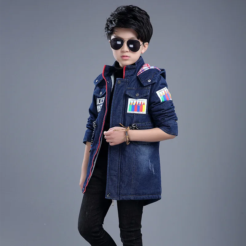 2019 джинсовые зимние куртки синяя верхняя одежда для мальчиков и девочек пальто 3 4