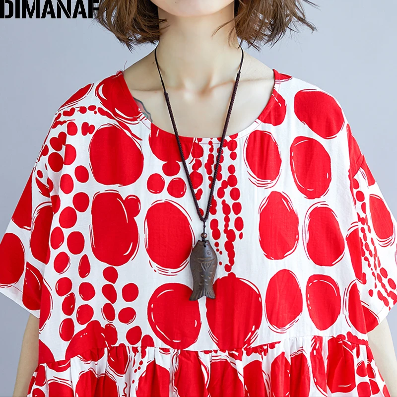 Женское платье с принтом в горошек DIMANAF длинное свободное рисунком красного