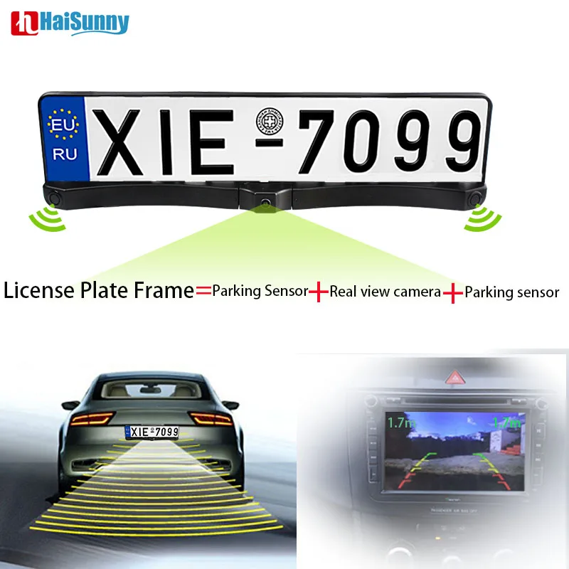 

HaiSunny Reverse Backup Video Parking Assistance With 1 European Russia License Plate Frame +1 Rear view Camera+ 2 Radar Sensor