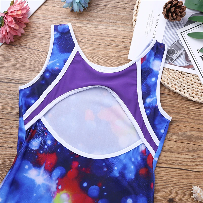 Children gymnastics leotard Dress O-Neck Cutout Back Galaxy holographic printing gymnastic performance Jumpsuit | Детская одежда и