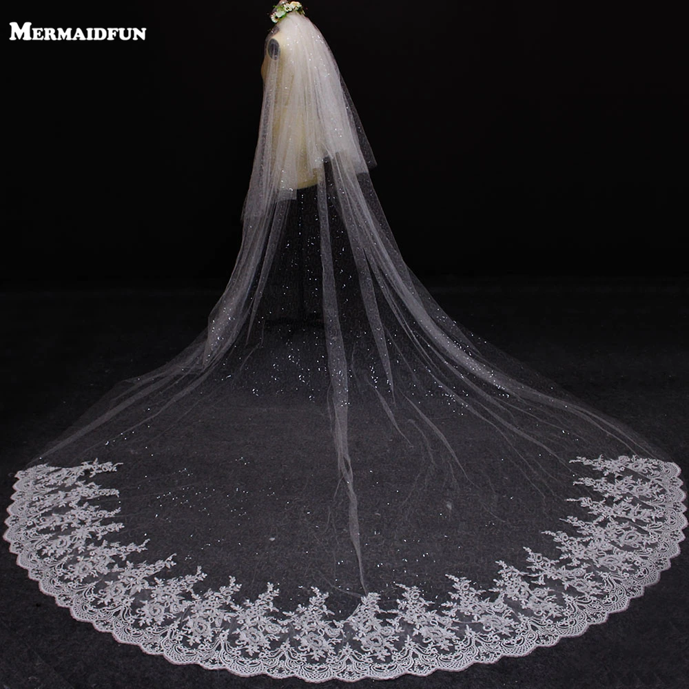 

New Arrival Two Layers Lace at Bottom Sequined Tulle Ivory Wedding Veil Beautiful 2 T Brida lVeil