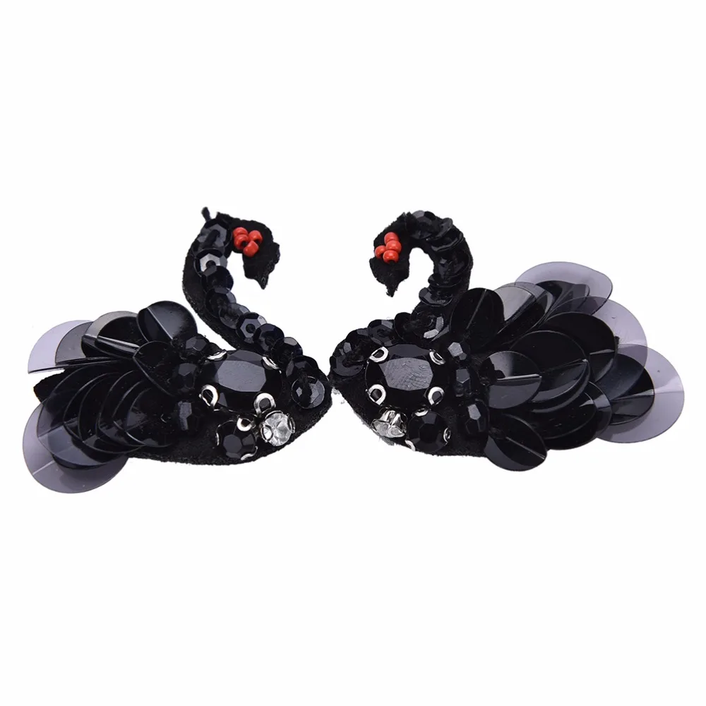 Черные нашивки с блестками и бисером лебеди для шитья на пришивных нашивках