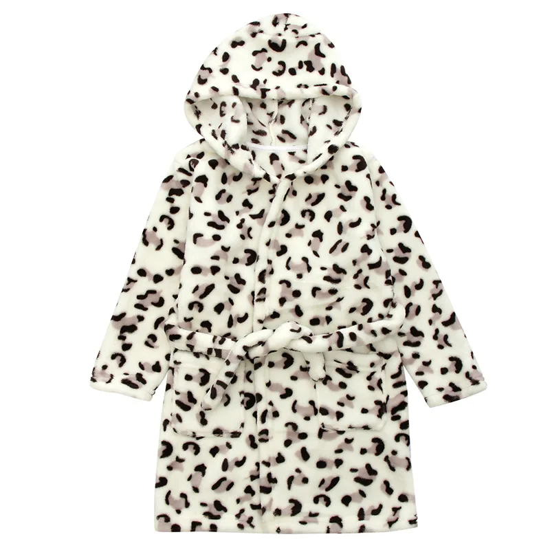 White Leopard Print Зимний фланелевый Халат с капюшоном для малышей, банные халаты, детская одежда для сна с героями мультфильмов, маскарадные халаты, пижамы для мальчиков и девочек, утепленная домашняя одежда - Цвет: White Leopard Print