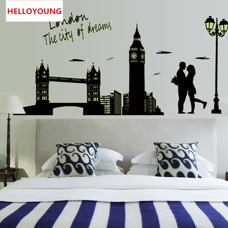 QT 0084 светящаяся наклейка s London Bridge Big Ben City Streetlights Love Quote Настенная Наклейка в