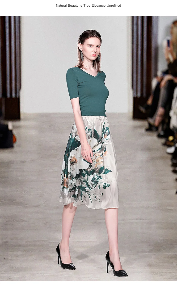 Женский комплект из 2 предметов юбка с цветочным принтом и вязаный черно-зеленый