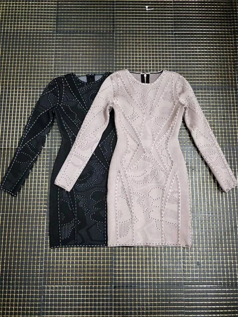 

Wholesale 2018 New High Quality Rayon Dress Long Sleeve O Neck Jacquard Fashion Luxury Celebrity Cocktail Party Bandage Dress