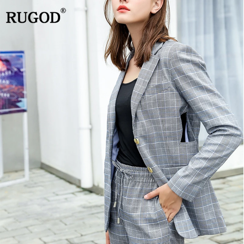 Женский костюм RUGOD клетчатый из двух предметов с карманами и штанами 2019|Брючные