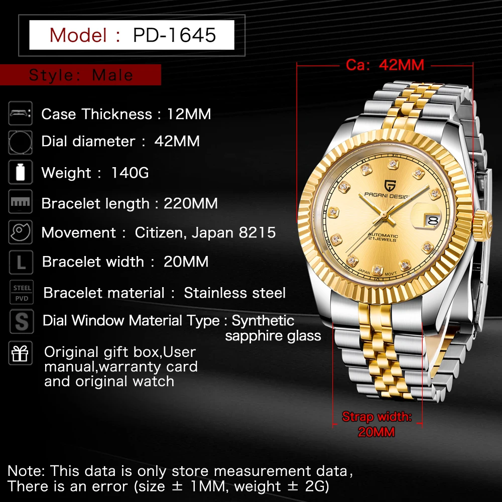 

Mens Watches Automatic Mechanical Watch PAGANI DESIGN Top Brand Waterproof Business Watch Men Gold Wrist Watch relogio masculino