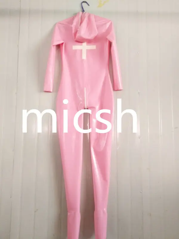 

Latex Rubber Gummi Ganzanzug Catsuit Hood Pink Socks Mask Suit