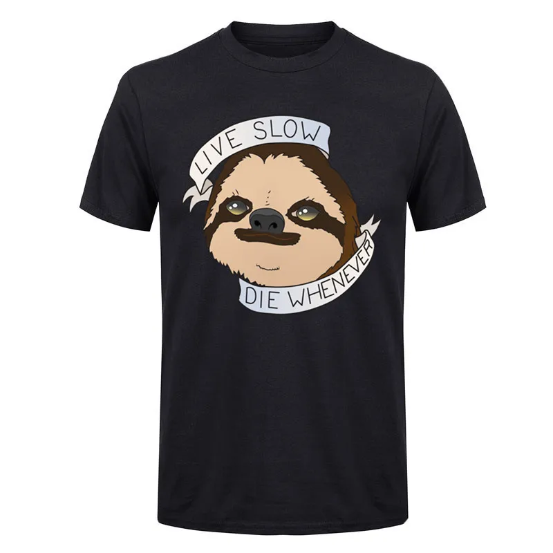 Lovely sloth t shirt men live slow die whenever letters printed t-shirt male Short Sleeve Fashion T-Shirt Novelty Cool Tee | Мужская
